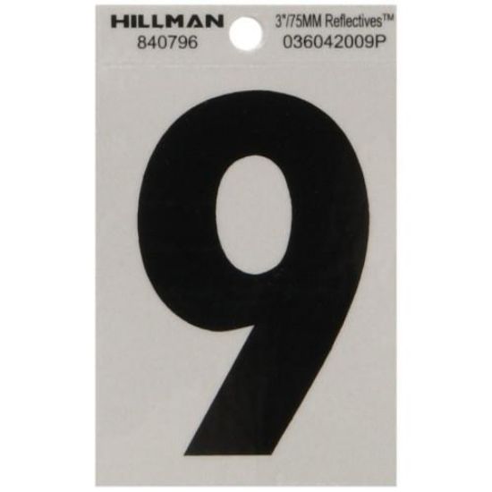 Picture of Self-Adhesive Number Mylar Black On White Reflective Square 3" 9