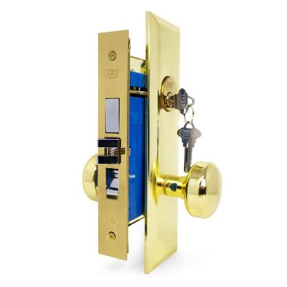Picture of Mortise-lockset Entry Bolt-through Knob Brass-finish Us3 2-3/4"-backset Wide Faceplate