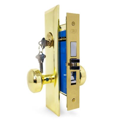 Picture of Mortise-lockset Entry Bolt-through Knob Brass-finish Us3 2-3/4"-backset Wide Faceplate